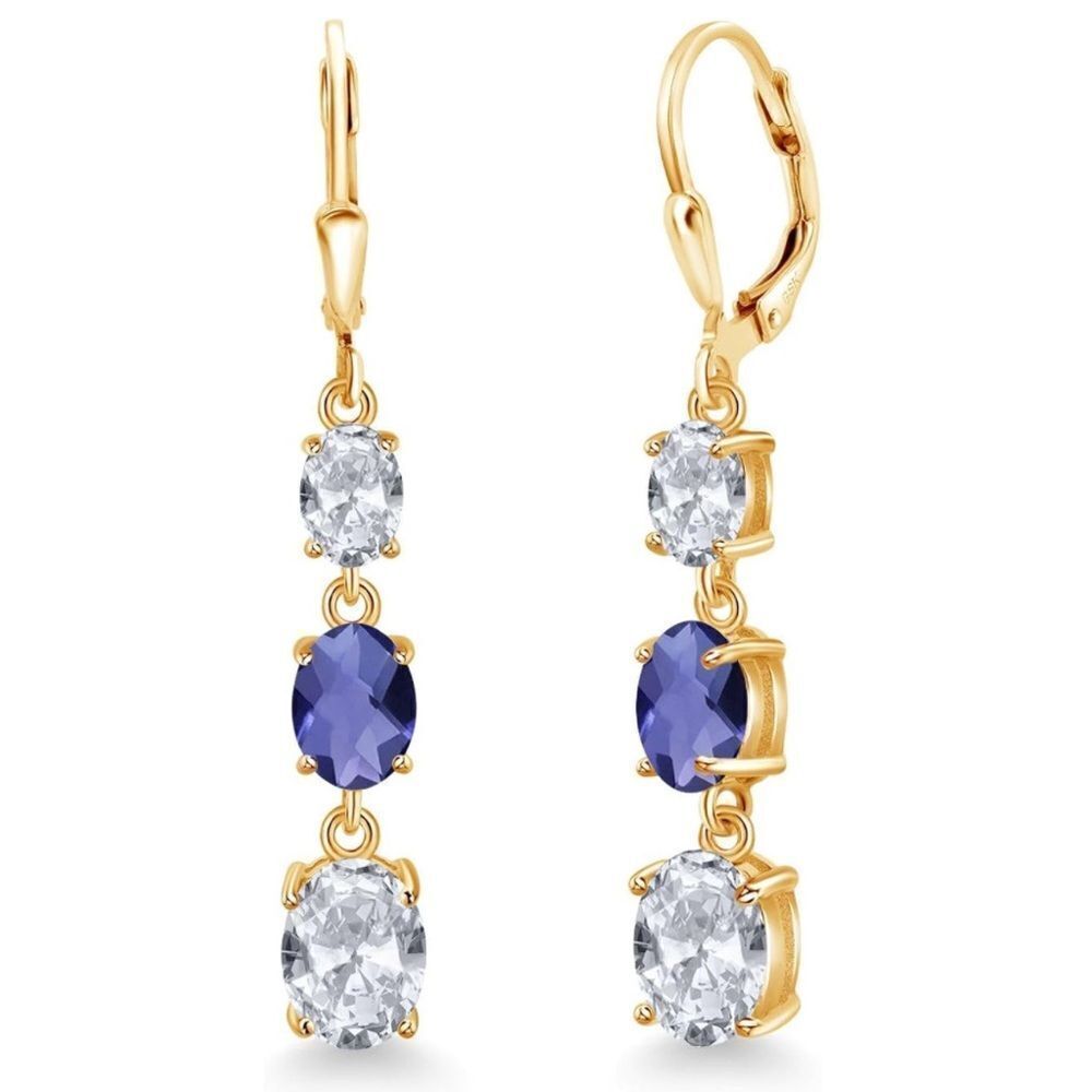 18K Yellow Gold with 5.50  Cttw 3 Stone White Topaz and Blue Iolite Earrings